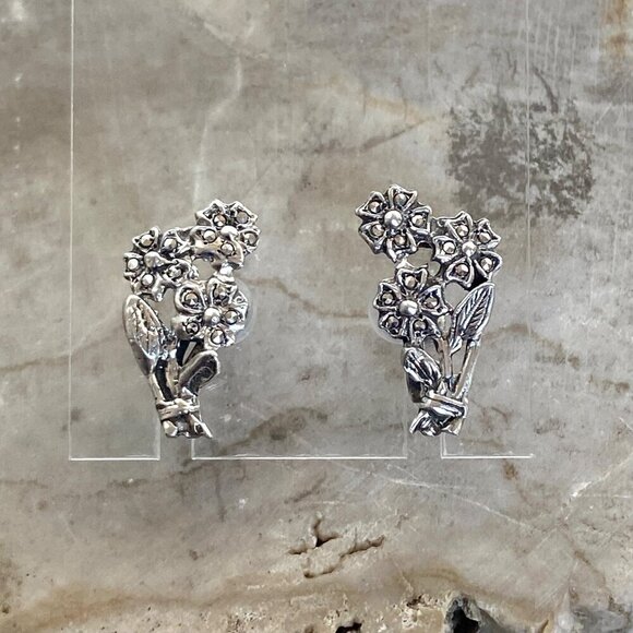Jewelry - VTG Sterling Silver 925 Marcasite Flower Floral Dainty Screwback Earrings